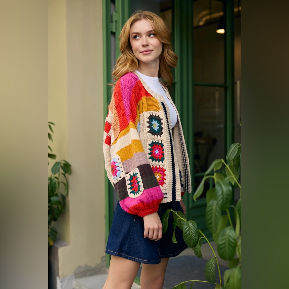 SAACHI Anthropologie Colorful Checkered Granny Square Cardigan Sweater
